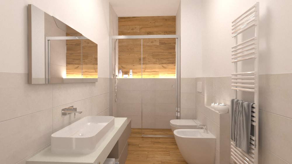 Bagno cieco bianco con listoni e muretto illuminato