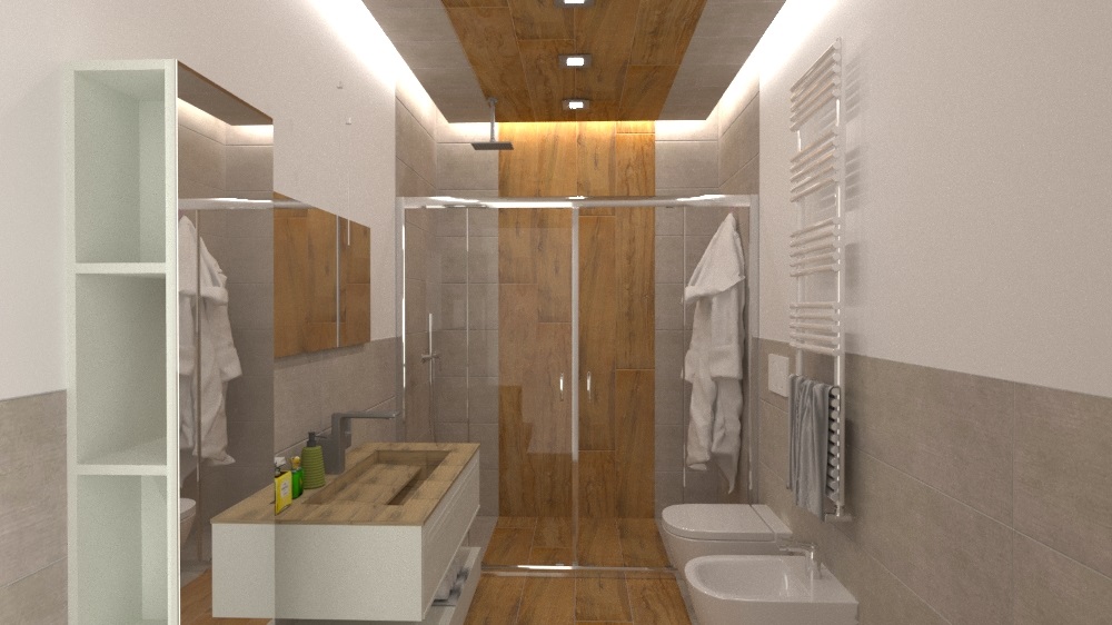 Bagno cieco con listoni e ribassamento soffitto illuminato