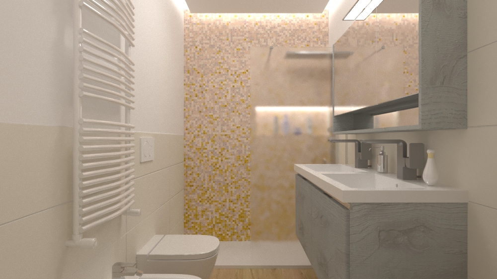 Bagno cieco piccolo con sfumatura in mosaico e doppio lavandino