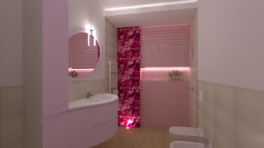 Bagno doccia cieco con piastrelle rosa fucsia e beige