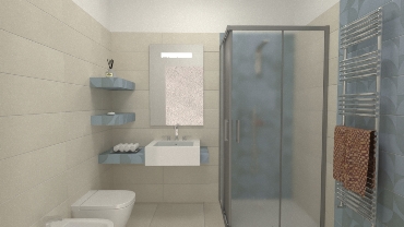 Bagno senza finestra bianco con decoro e mensole in muratura