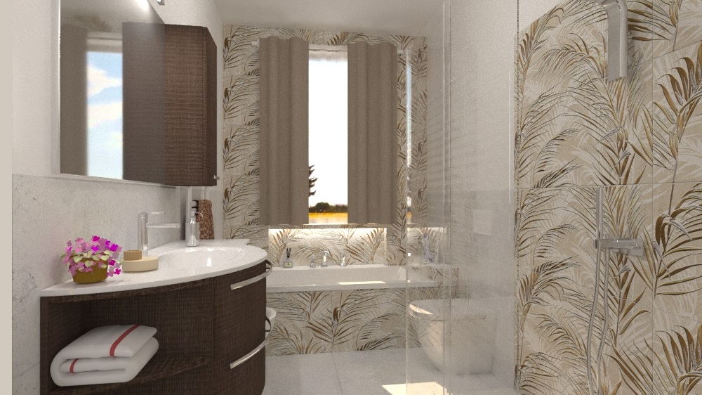 Bagno vasca con doccia e nicchia sotto finestra illuminata