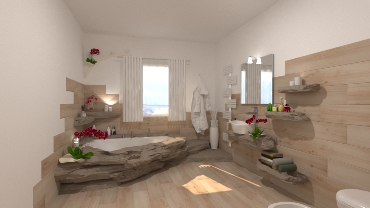 Bagno vasca grande rivestito con listoni e roccia artificiale