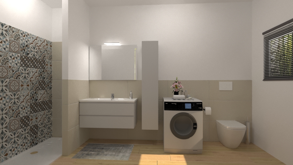 Bagno lavanderia con piastrelle cementine e listoni
