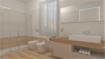 Bagno lungo e stretto piastrelle bianche e listoni