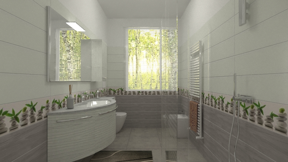 Bagno doccia grigio e bianco con decoro semplice