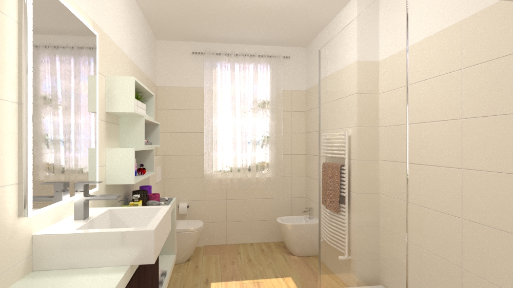 Bagno doccia con piastrelle listoni e rivestimento pareti bianche