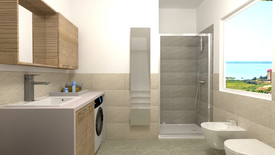 Bagno doccia con piastrelle colore beige e grigio