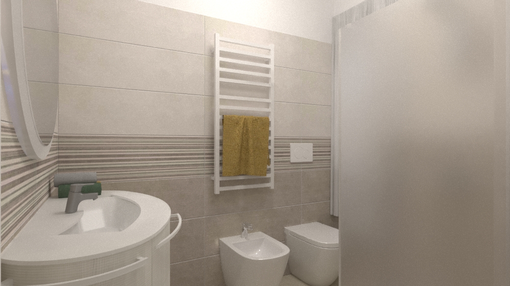 Bagno piccolo bianco e grigio con fascia decoro orizzontale