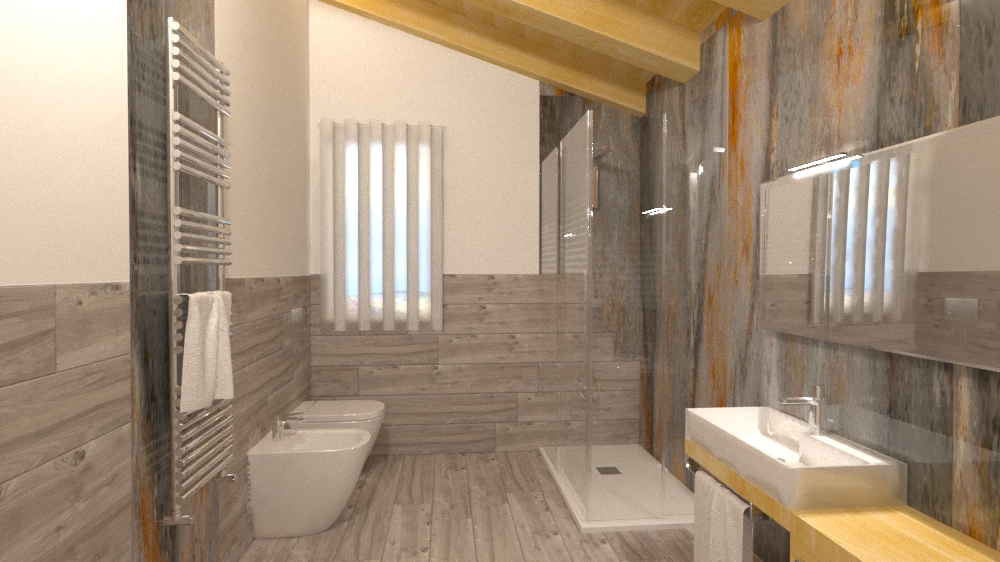 Bagno grigio con tetto in legno