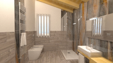 Bagno con tetto in legno listoni e decoro