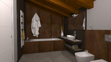 Bagno con tetto in legno e lastre corten con vasca